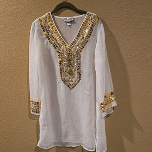 Signature Sheer White Tunic with Gold Sequins